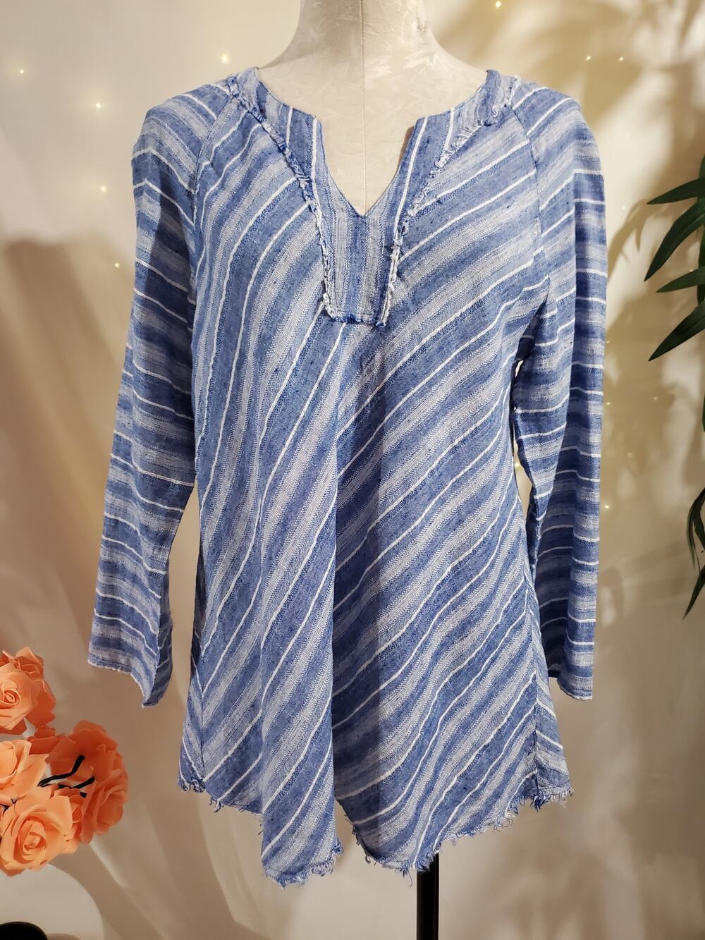 Nic + Zoe Freshwater Striped Linen Tunic Top Size L Blue Boho Raw Fringe Hem